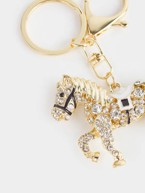 Брелок, 12 см, металл/стразы/эмаль, золотистый, Лошадь, Keychain crystal, image-1