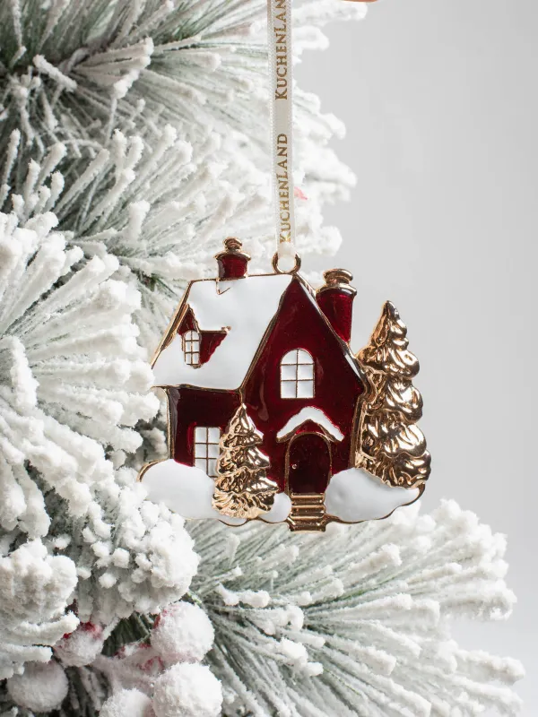 Игрушка елочная, 8 см, металл, золотисто-красная, Заснеженный дом, Figure christmas, image-4