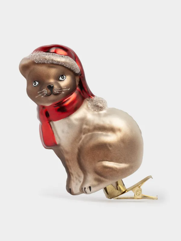 Игрушка елочная, 9 см, на клипсе, стекло, бронзовая, Кот в шарфике, Figure christmas, image-0
