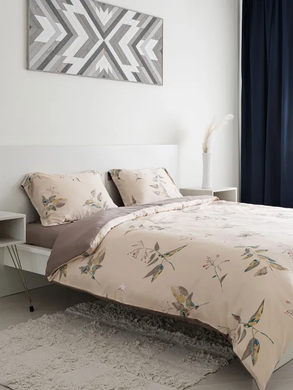 КПБ евро, тенсель 300 ТС, бежевый, Листья, Tencel, image-0