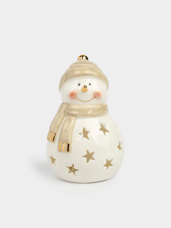 Светильник декоративный, 13 см, фарфор P, бело-бежевый, Снеговик в шапке и шарфе, Snowy, image-0