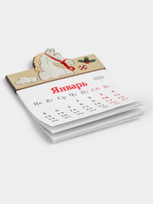 Магнит с календарем, 9 см, ПВХ/бумага, бежевый, Конь, Horse christmas, image-2
