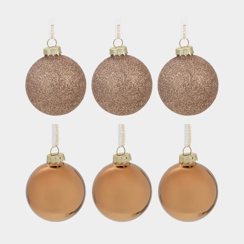 Набор елочных игрушек, 6 см, 6 шт, стекло, с блестками, золотистый, Шар, Ball sparkle