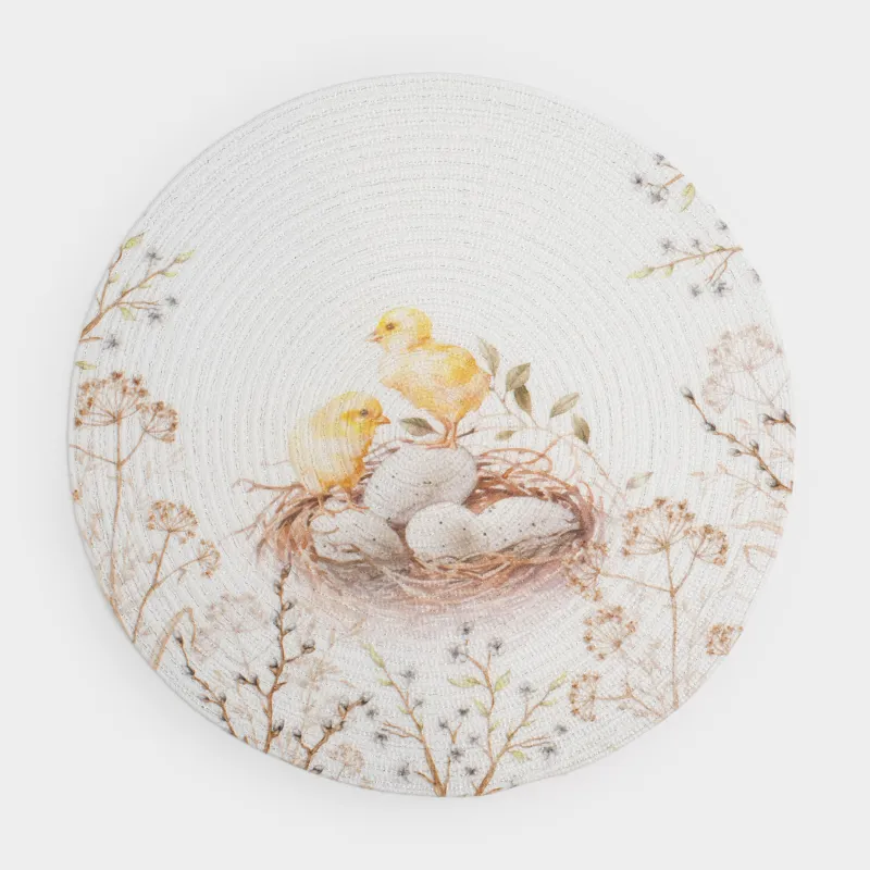Салфетка под приборы, 38 см, полиэстер, круглая, белая, Цыплята в цветах, Rotary print