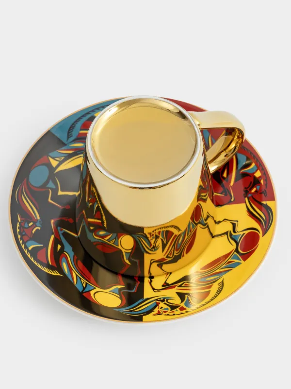 Пара чайная, 1 перс, 2 пр, 300 мл, фарфор P, золотистая, Кони, Horse art, image-3