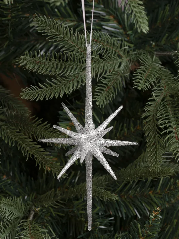 Игрушка елочная, 10x20 см, стекло, с блестками, серебристая, Звезда, Figure sparkle, image-1