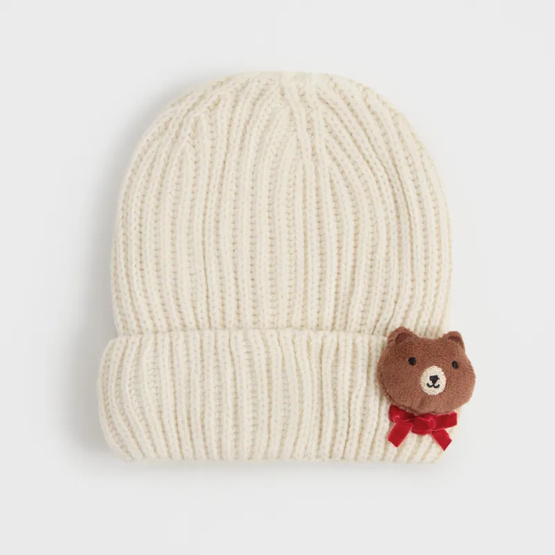 Шапка детская, единый размер, в рубчик, акрил/полиэстер, молочная, Мишка, Warm kids