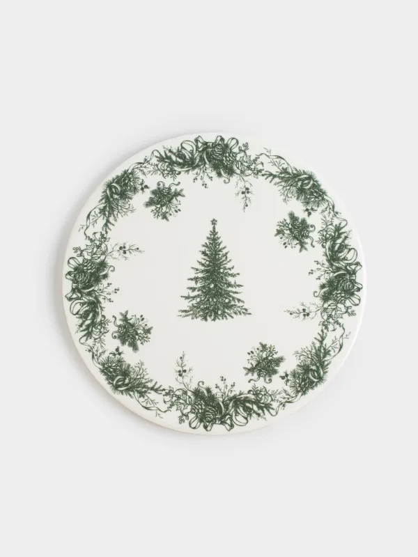 Подставка под горячее, 20 см, керамика/пробка, круглая, бело-зеленая, Елка, Winter lace, image-0