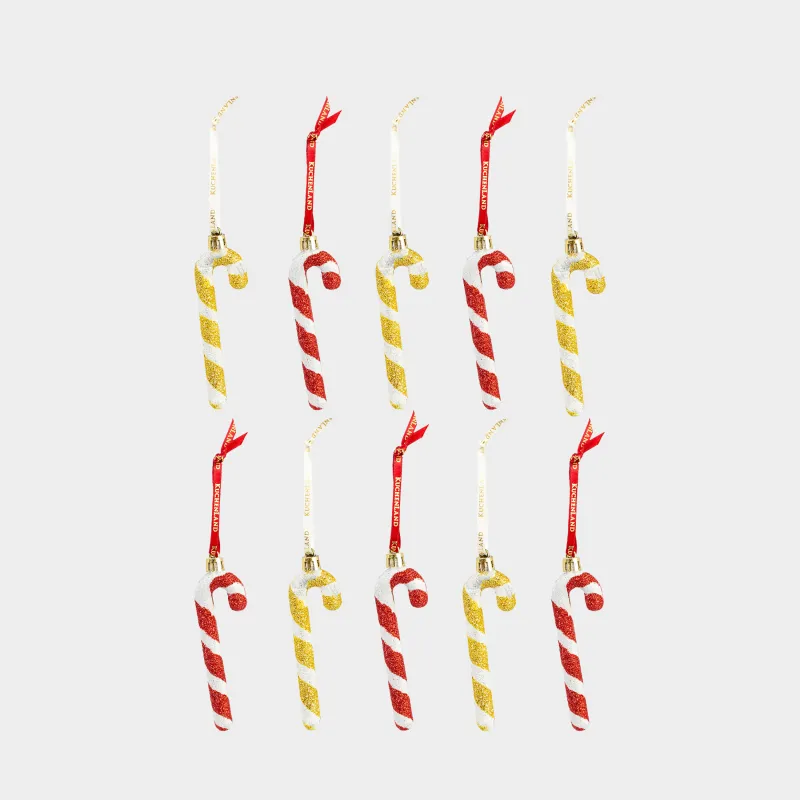 Набор елочных игрушек, 7 см, 10 шт, пластик, с блестками, золотистый, Трость, Figure sparkle