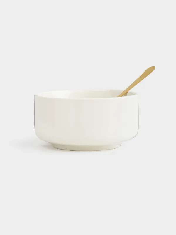 Пиала, 10х5 см, с ложкой, керамика/сталь, молочная/золотистая, Chalet gold, image-0