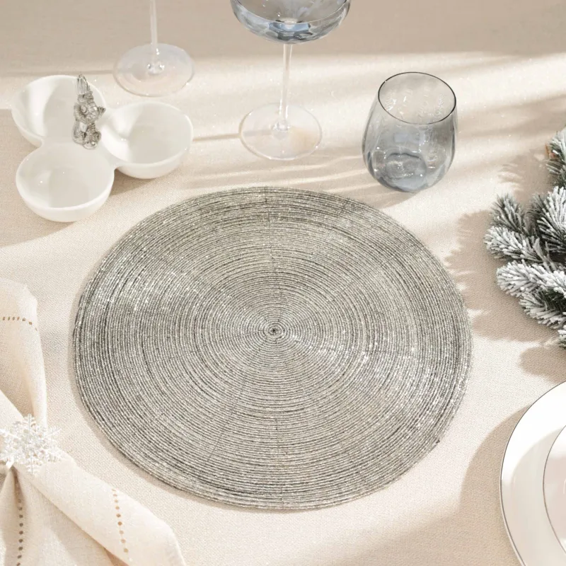 Салфетка под приборы, 36 см, бисер, круглая, светло-серебристая, Shiny beads, image-2