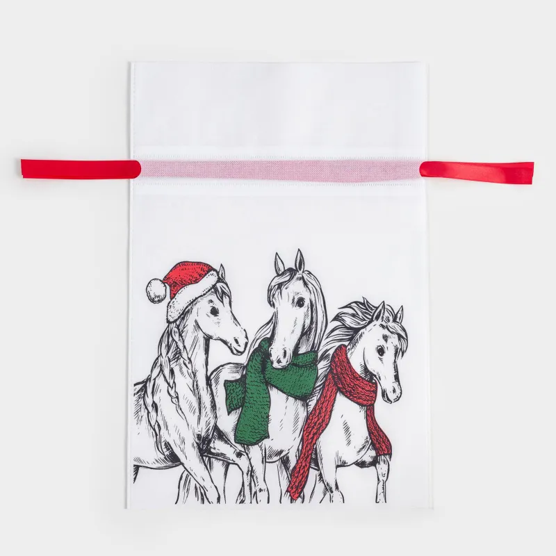 Мешок подарочный, 40х56 см, с завязками, полипропилен, белый, Лошади в шарфах, Horse trio