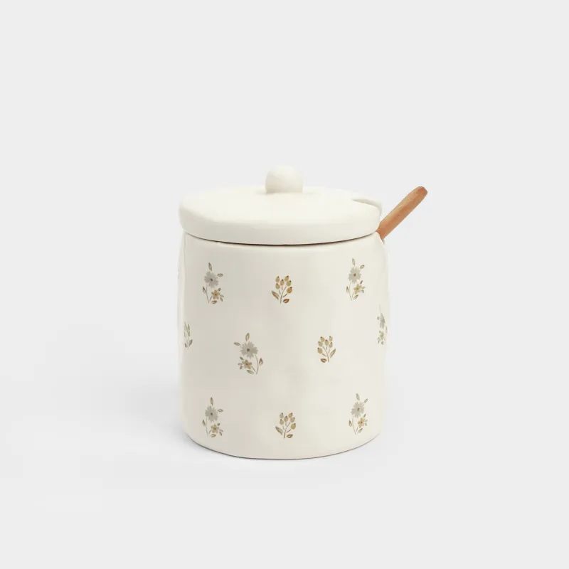 Сахарница, 12 см, 370 мл, с ложкой, керамика D/дерево, молочная, Винтажные цветы, La flore
