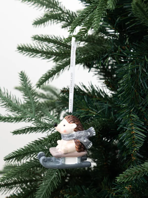 Игрушка елочная, 8 см, фарфор P, серо-коричневая, Ежик на санках, Figure christmas, image-3
