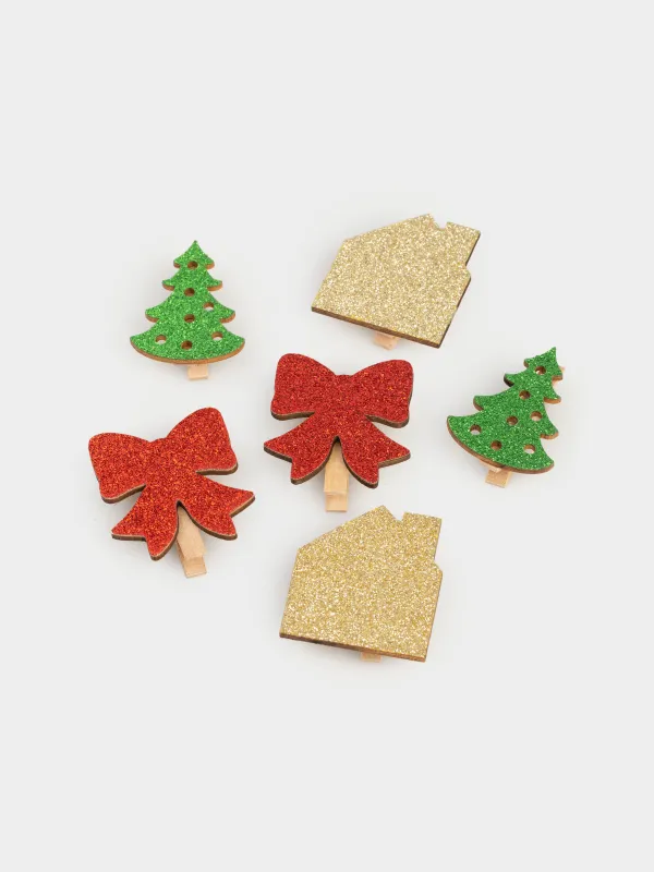 Клипса декоративная, 5 см, 6 шт, дерево, с блестками, Праздничные атрибуты, Figure wood, image-1