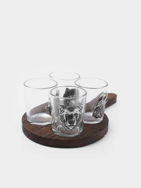Стопка для водки, 80 мл, 4 шт, на подставке, стекло/металл/дерево, Орел и звери, Lux elements decor, image-2