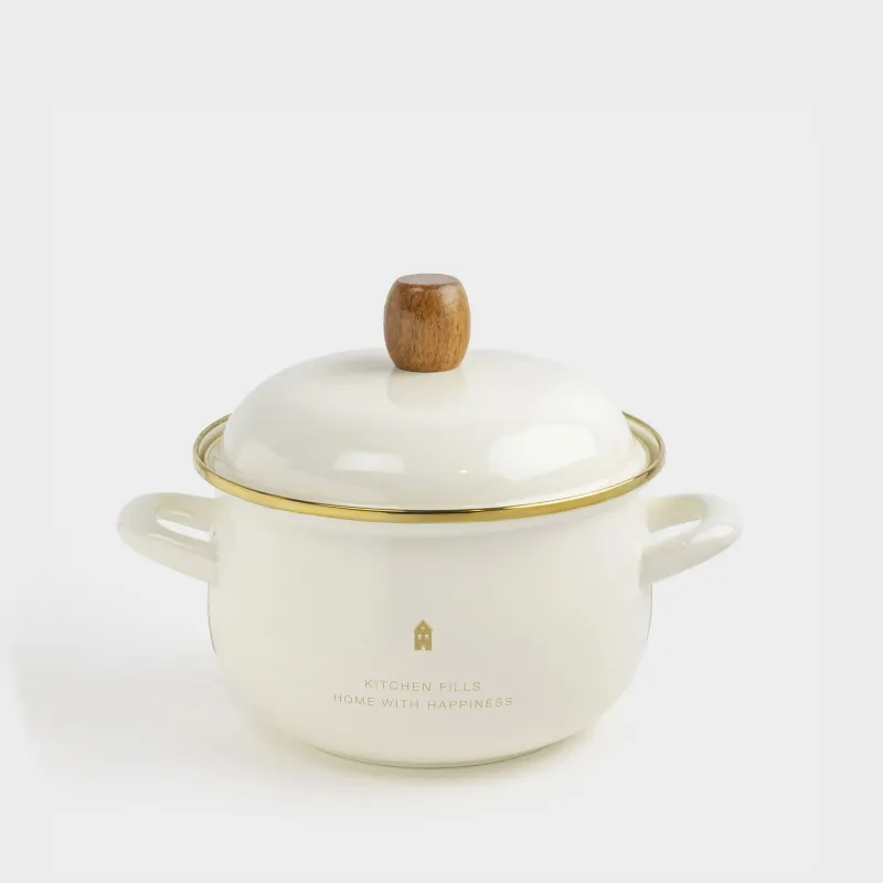 Кастрюля, 20 см, 2,8 л, с крышкой, металл эмалированный/дерево, молочная, Домик, Enamel