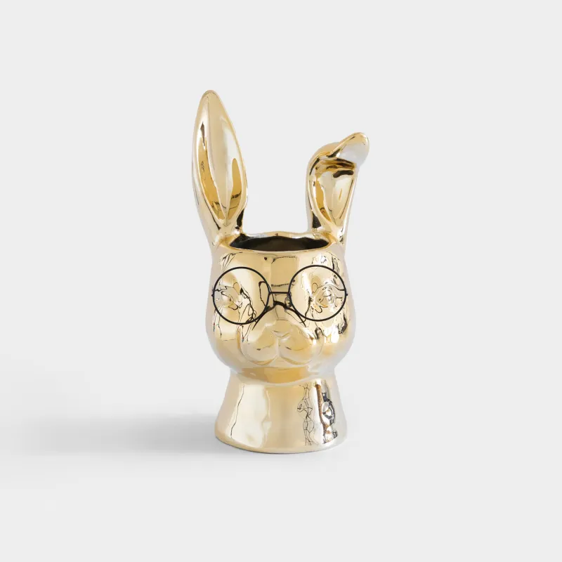 Ваза для цветов, 30 см, декоративная, фарфор P/металл, золотистая, Кролик в очках, Rabbit gold