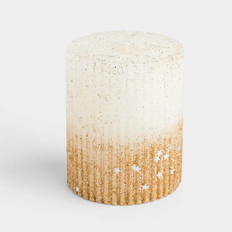 Свеча, 8 см, цилиндрическая, с блестками, молочно-золотистая, Ribbed candle