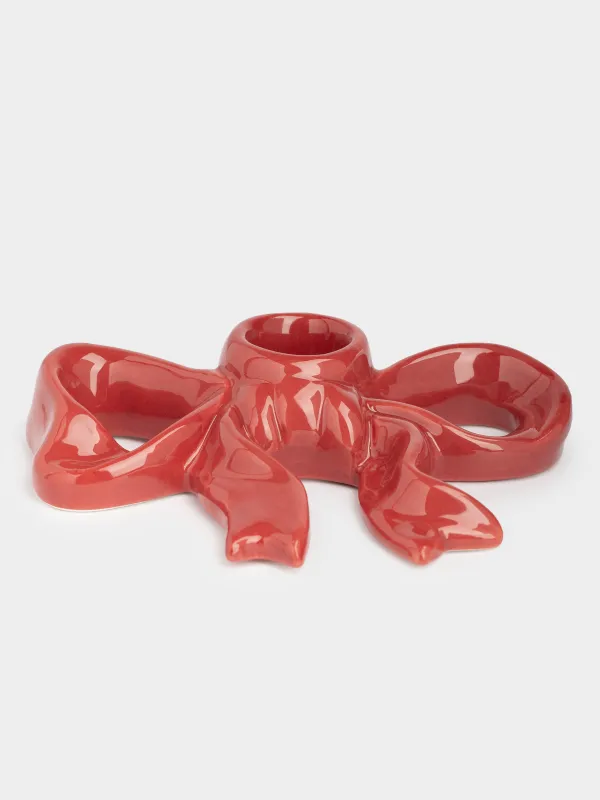 Подсвечник, 13 см, для тонкой свечи, керамика, бордовый, Бант, Christmas traditions, image-1