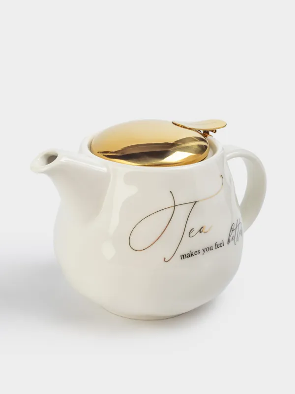 Чайник заварочный, 500 мл, фарфор P/сталь, молочно-золотистый, Мятый эффект, Crumple kitchen, image-1