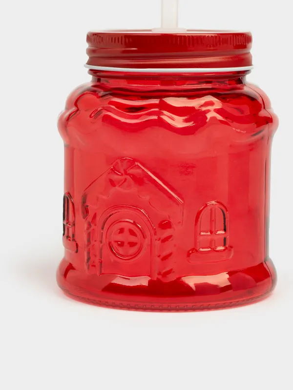 Банка для напитков, 600 мл, с трубочкой, Домик, Christmas house, image-2