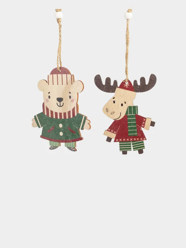 Набор елочных игрушек, 11 см, 2 шт, дерево/полиэстер, Мишка и олень, Figure wood, image-0