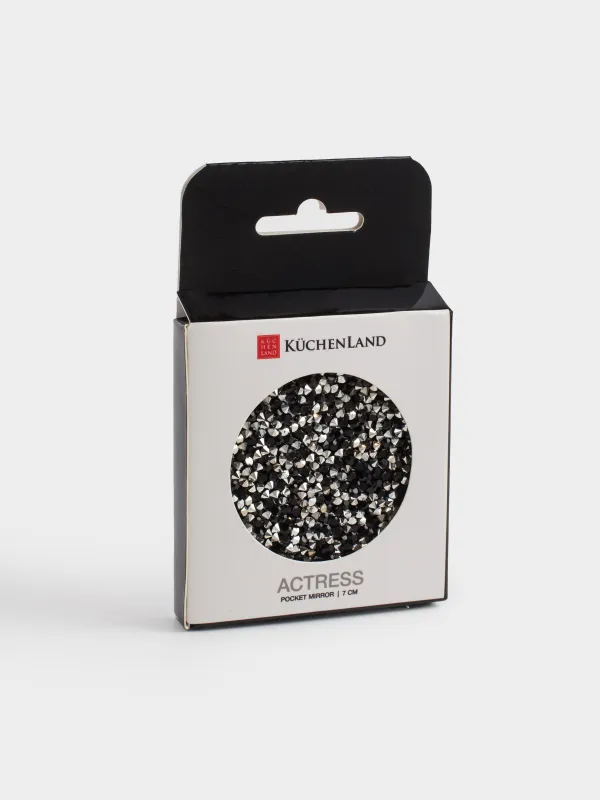 Зеркало карманное, 7 см, двустороннее, сталь, серебристое, Черные блестки, Actress, image-4
