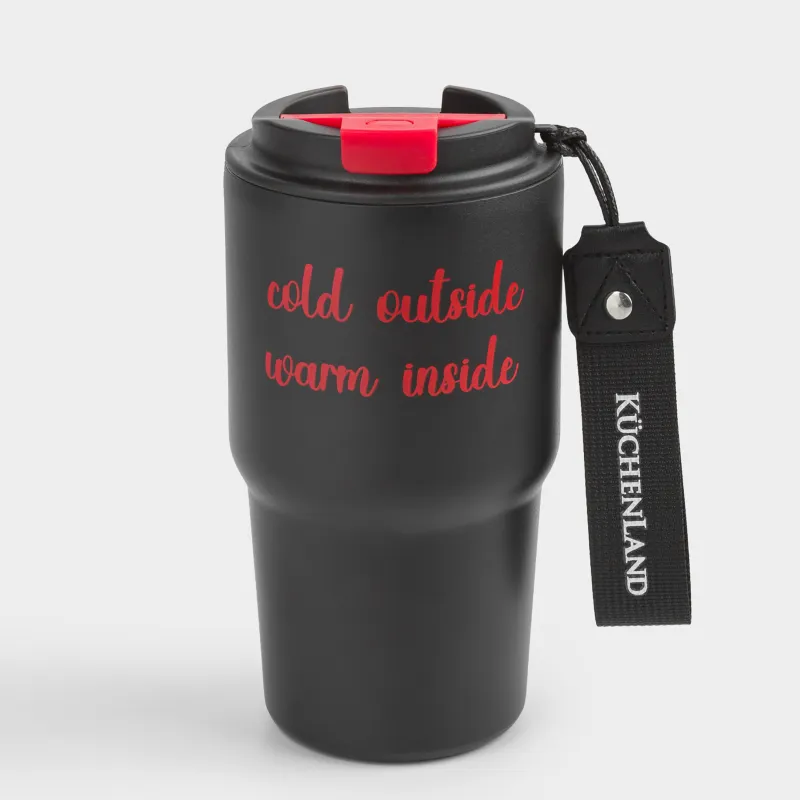 Термокружка, 600 мл, с ремешком, сталь/пластик/текстиль, черно-красная, Story