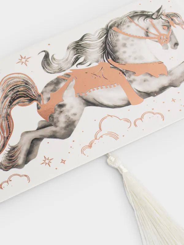 Конверт подарочный, 17х9 см, с кисточкой, бумага, молочный/шампань, Лошадь, Horse gold, image-2