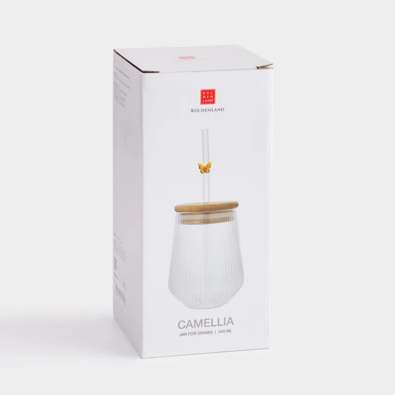 Банка для напитков, 440 мл, с крышкой и трубочкой, стекло Б/дерево, Янтарная бабочка, Ribby wood, image-4