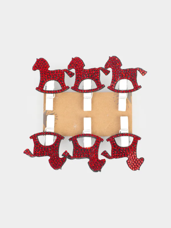 Клипса декоративная, 3 см, 6 шт, со стразами, дерево, красная, Лошадка, Figure wood, image-2