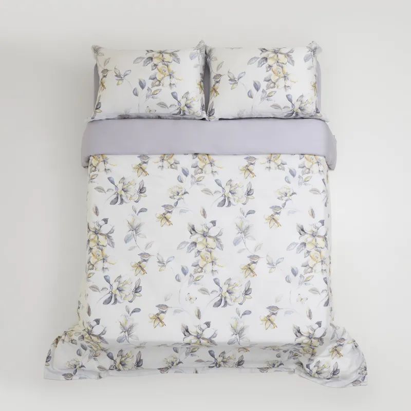 КПБ евро, тенсель 300 ТС, молочно-серый, Цветы магнолии, Tencel