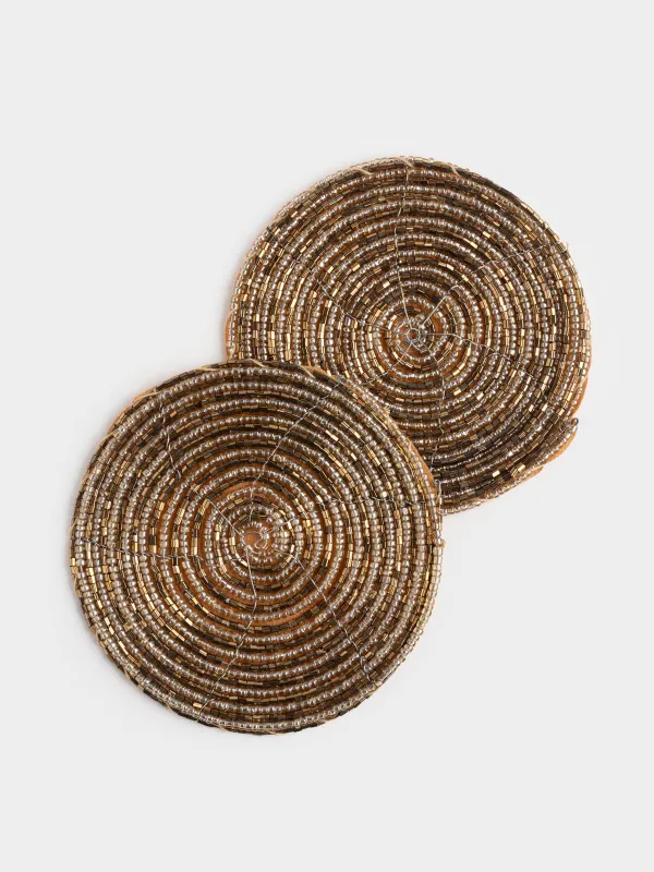 Подставка под кружку, 10 см, 2 шт, круглая, бисер, золотистая, Shiny beads, image-0