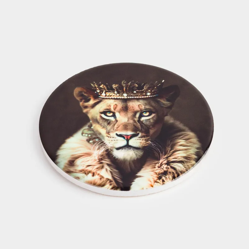 Подставка под кружку, 11 см, круглая, керамика/пробка, черная, Львица, Brutal style, image-1