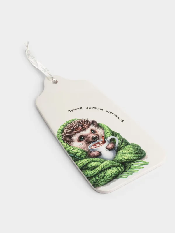 Подставка под горячее, 14х28 см, керамика/пробка, белая, Ежик в пледе, Forest animals, image-1