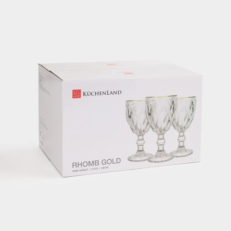 Бокал-кубок для вина, 300 мл, 6 шт, стекло Р, с золотистым кантом, Rhomb gold, image-9