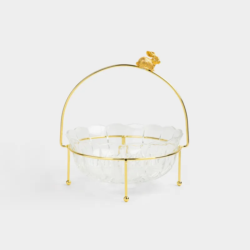 Ваза для фруктов, 23х9 см, на подставке, с ручкой, стекло/металл, золотистая, Кролик, Rabbit gold