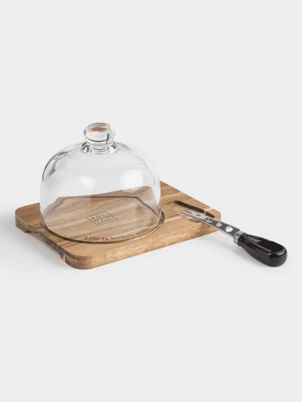Набор для сыра, 3 пр, доска-блюдо/купол, сталь/дерево/стекло, Noble tree, image-0