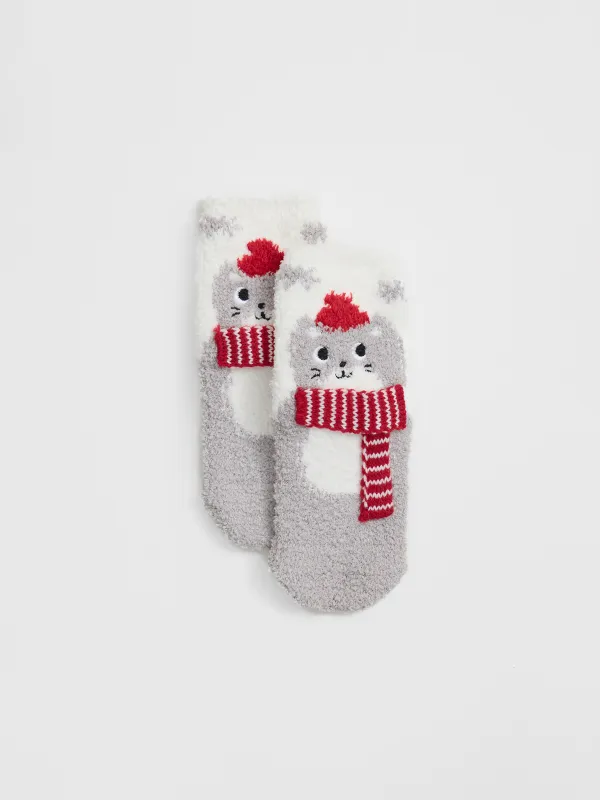 Носки детские, домашние, р. 27-29, в коробке, полиэстер, молочно-серые, Кот в шарфе, Merry, image-3