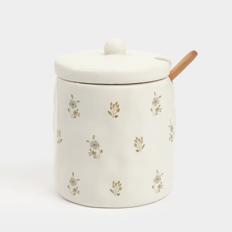 Сахарница, 12 см, 370 мл, с ложкой, керамика/дерево, молочная, Винтажные цветы, La flore