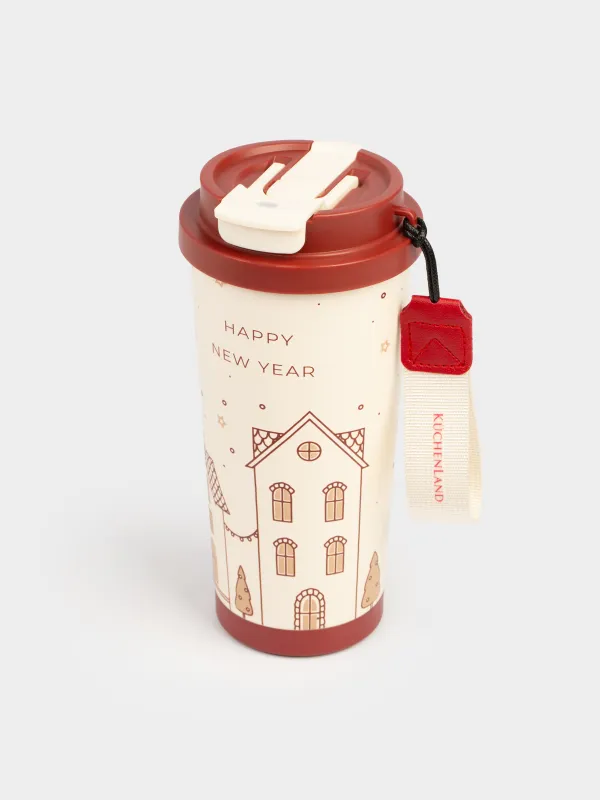 Термокружка, 500 мл, клапан/трубочка, с ремешком, сталь/пластик, бежево-красная, Ballad, image-1