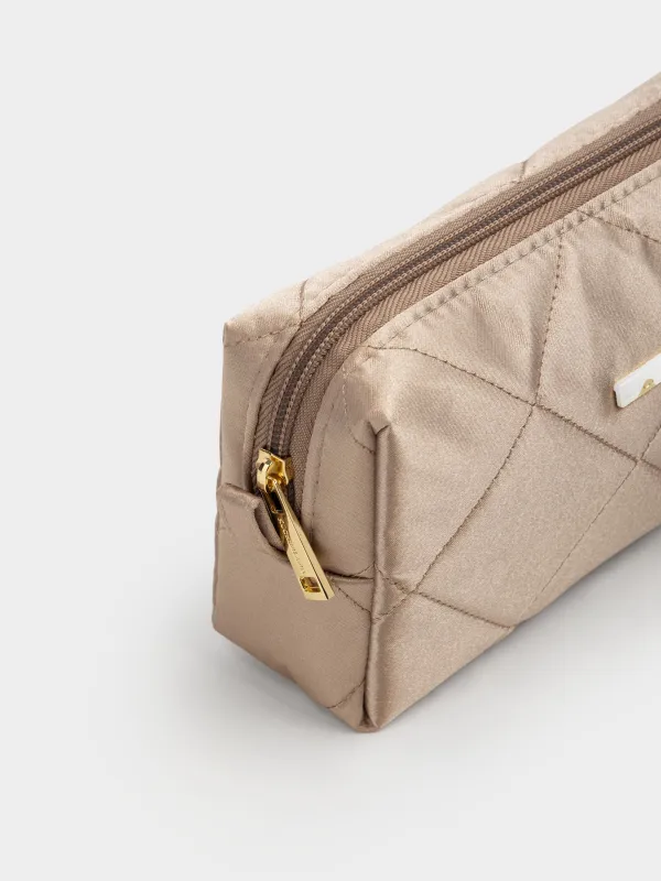 Косметичка, 20х10 см, стеганая, сатин, бежевая, Quilted silk, image-3