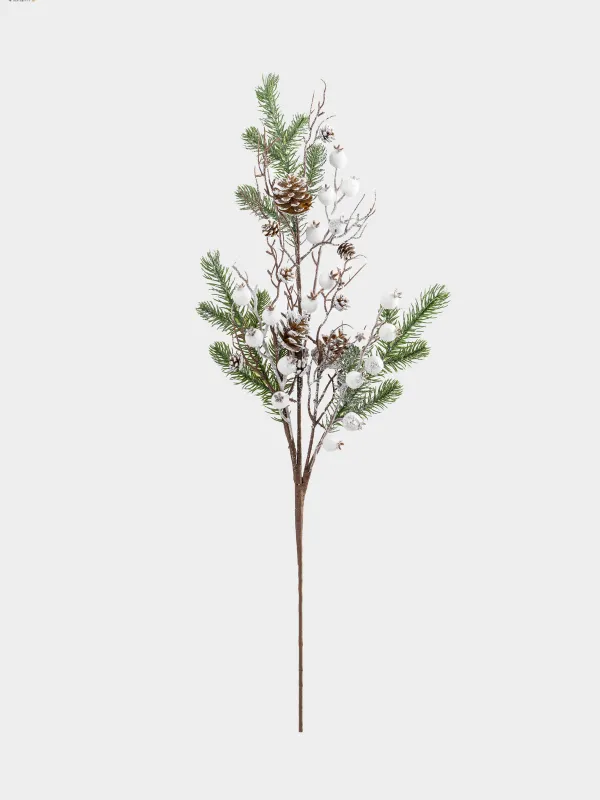 Ветка декоративная, 73 см, Белые ягоды и шишки, White berry, image-0