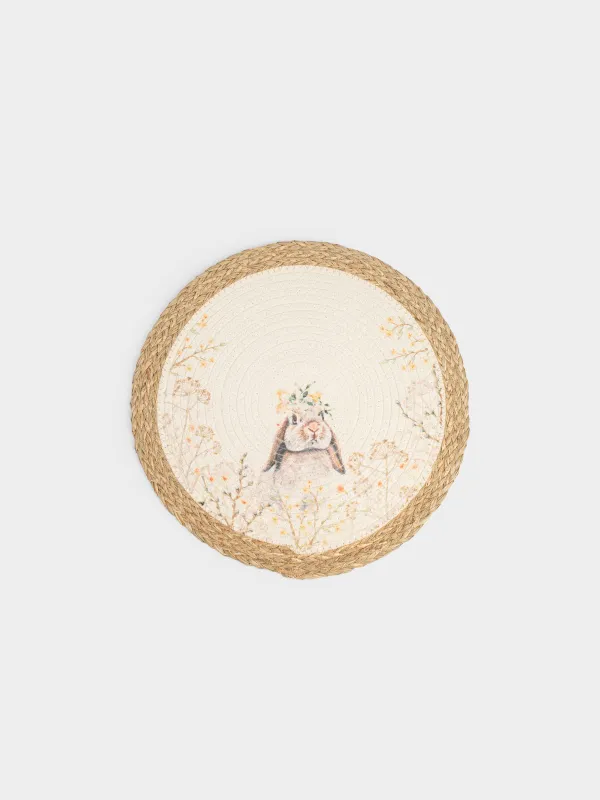 Салфетка под приборы, 38 см, полиэстер/морская трава, круглая, песочно-белая, Кролик, Easter, image-0