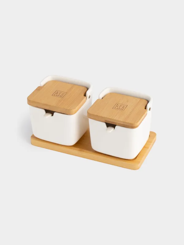 Банка для сыпучих продуктов, 250 мл, 2 шт, с ложками, на подставке, керамика/бамбук, белая, Keep, image-1