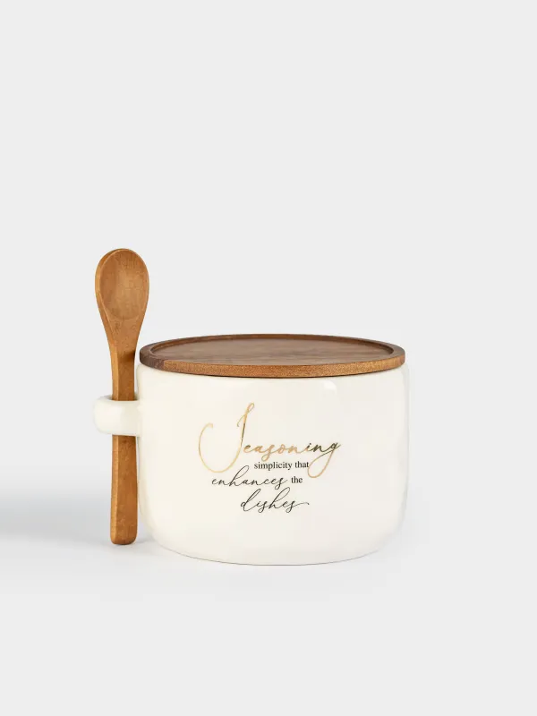 Емкость для специй, 12x9 см, 550 мл, с ложкой, керамика D/дерево, Мятый эффект, Crumple kitchen, image-0