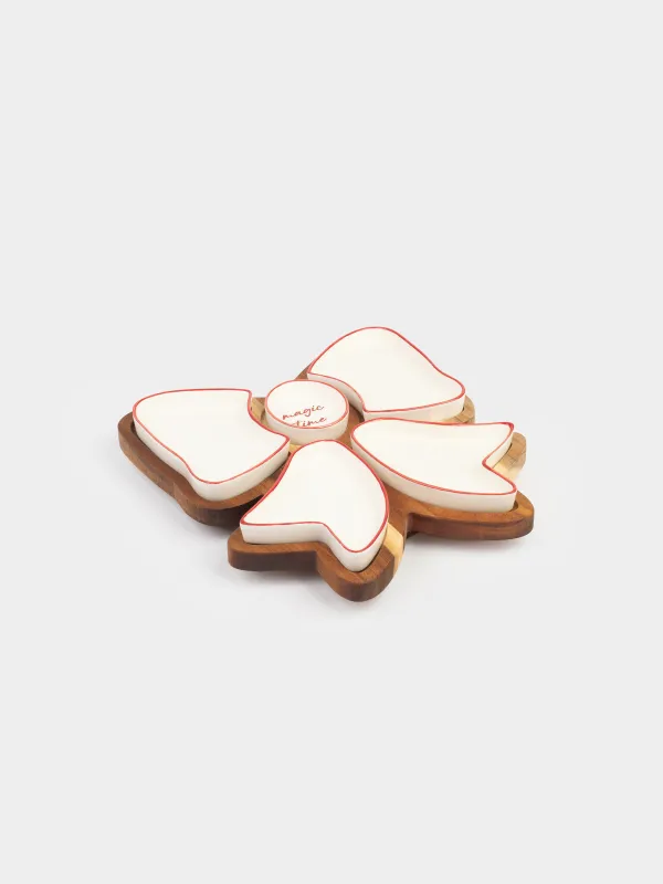 Набор для закусок, 5 пр, вращающийся, на подставке, керамика/дерево, молочный, Бант, Noble tree, image-0