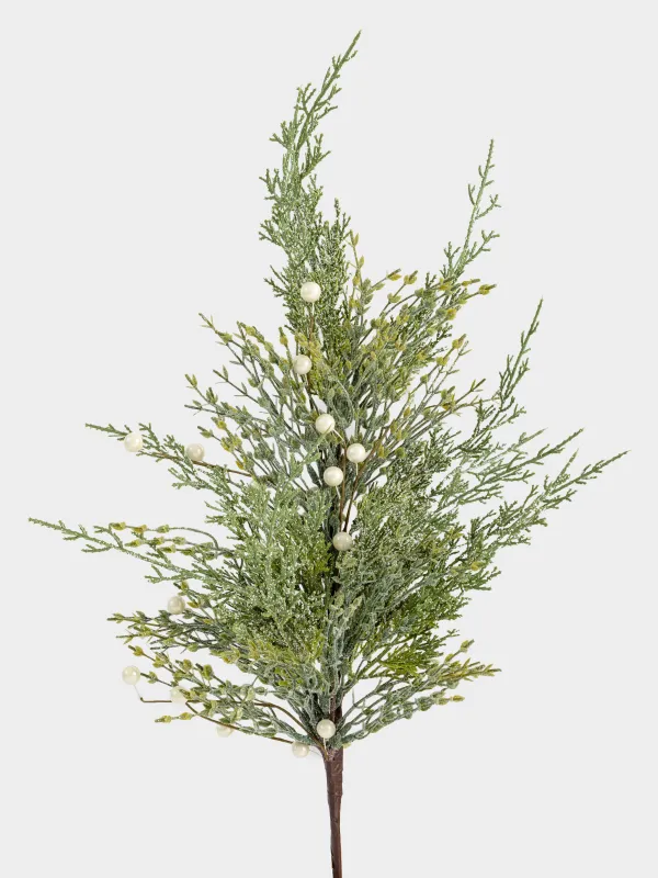 Ветка декоративная, 71 см, пластик, Хвоя с белым жемчугом, Conifer pearl decor, image-1
