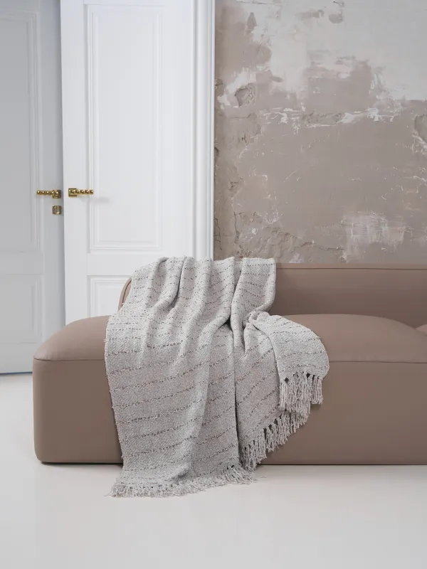 Плед, 130х170 см, с бахромой, шенилл, бежевый, Полосы, Chenill, image-1